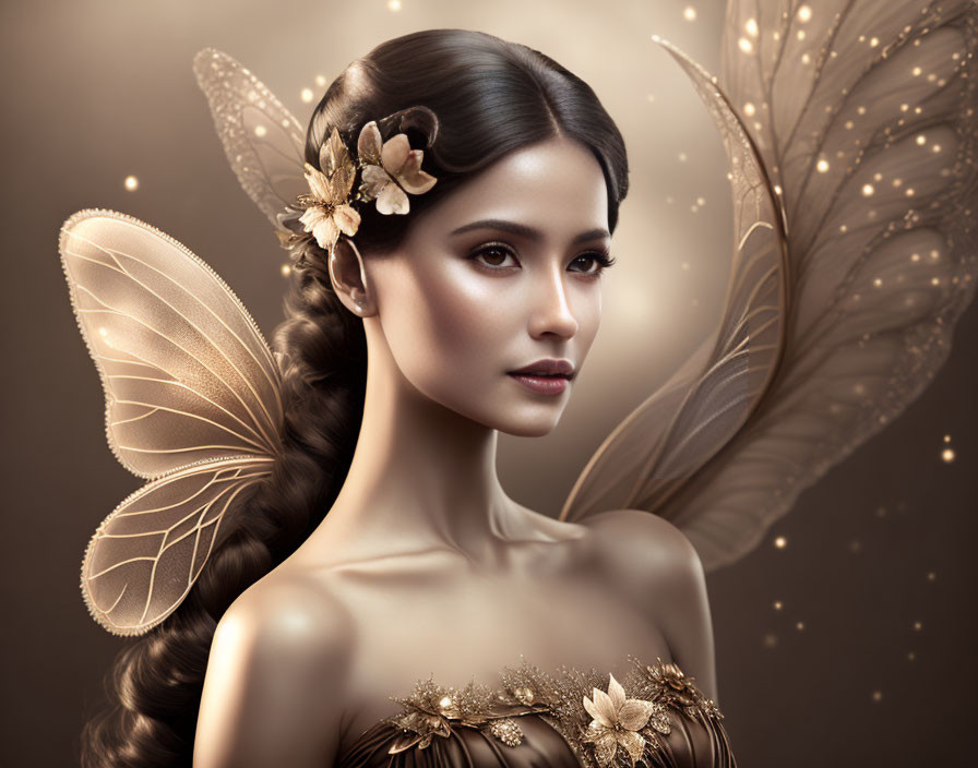 Digital artwork of a woman with fairy wings and golden floral decorations
