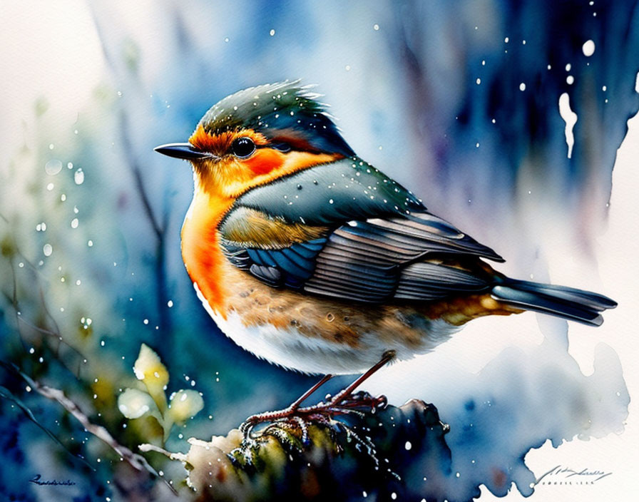 Detailed illustration of a robin on branch against wintry blue backdrop