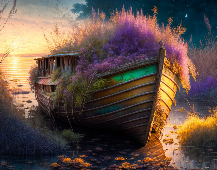 Abandoned old boat amidst the thicket of withered