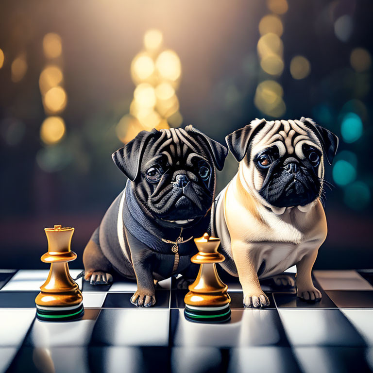 Two pugs in sweaters with chessboard and pieces on bokeh background