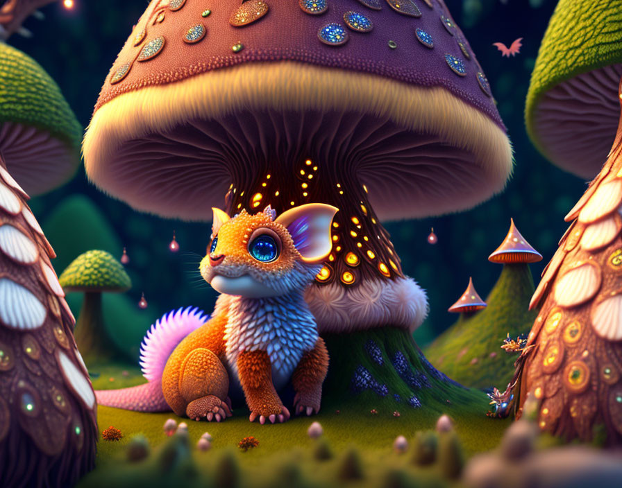 Whimsical glowing-eyed creature under luminous mushroom in forest