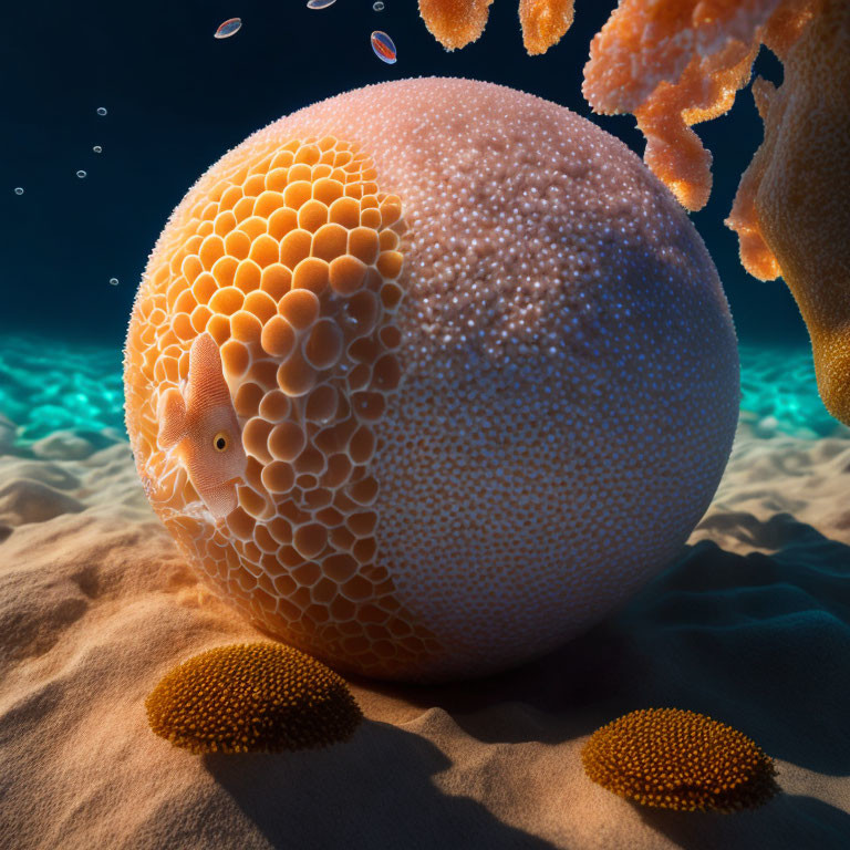Orange Textured Sea Sponge Among Corals on Ocean Floor