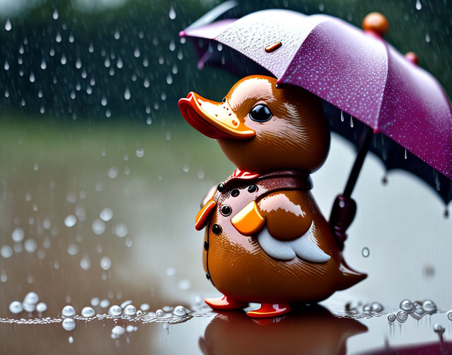 Rubber duck in cape and boots with polka dot umbrella in rain
