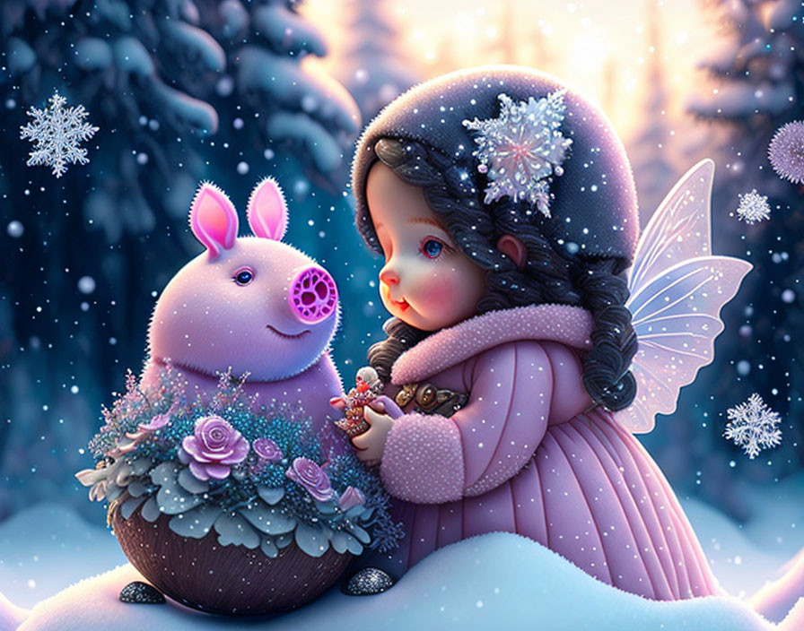 Illustration of girl with fairy wings and piglet in winter attire in enchanted forest