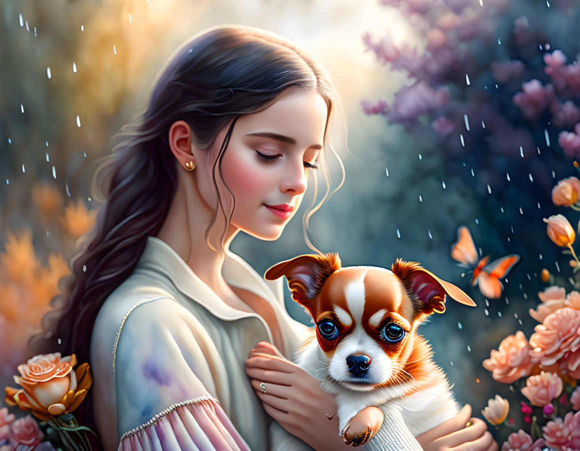 Tranquil woman with small dog in magical garden with butterflies and rain