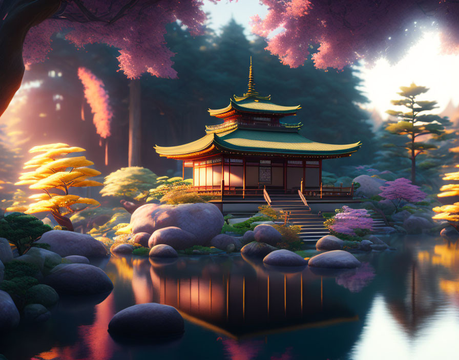 Traditional Japanese pagoda by calm pond with cherry blossoms