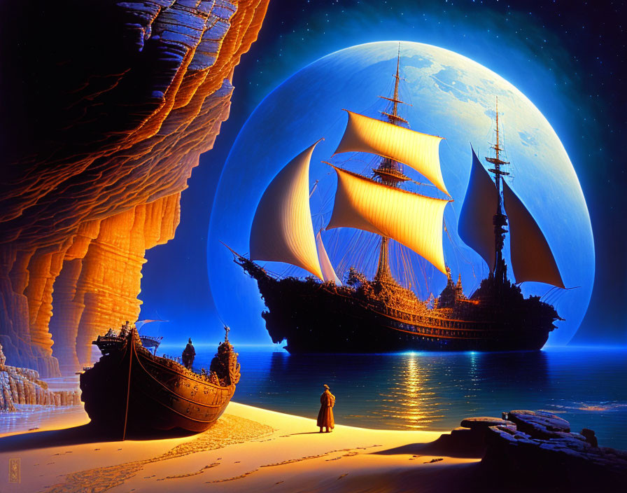 Fantasy beach scene with floating ship, moon, and rock formations