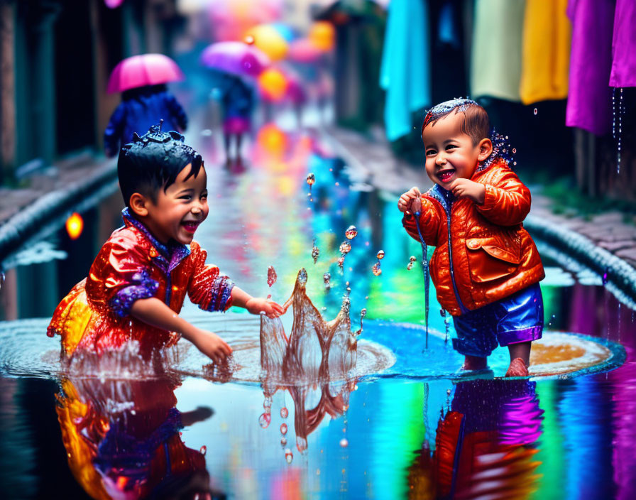 Colorful Raincoat Kids Playing in Water Puddle on Vibrant Street