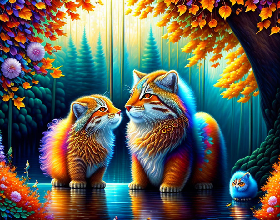 Colorful Stylized Foxes with Vibrant Fur Patterns in Fantasy Autumnal Forest with Blue Creature