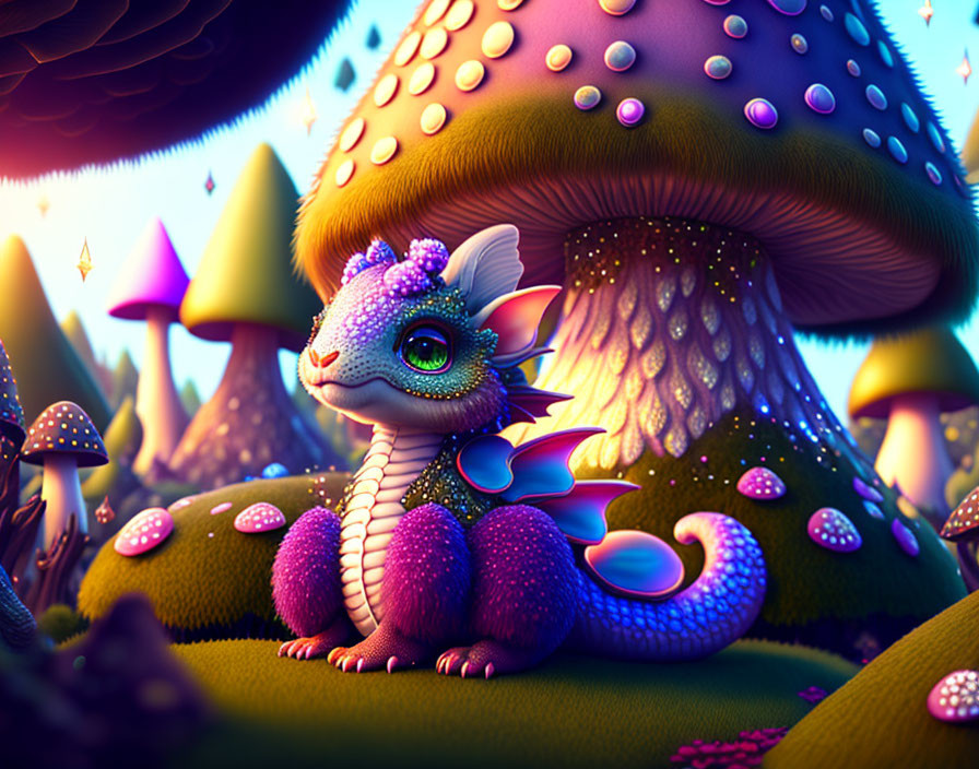 Colorful illustration of whimsical dragon creature with butterfly wings in mushroom forest