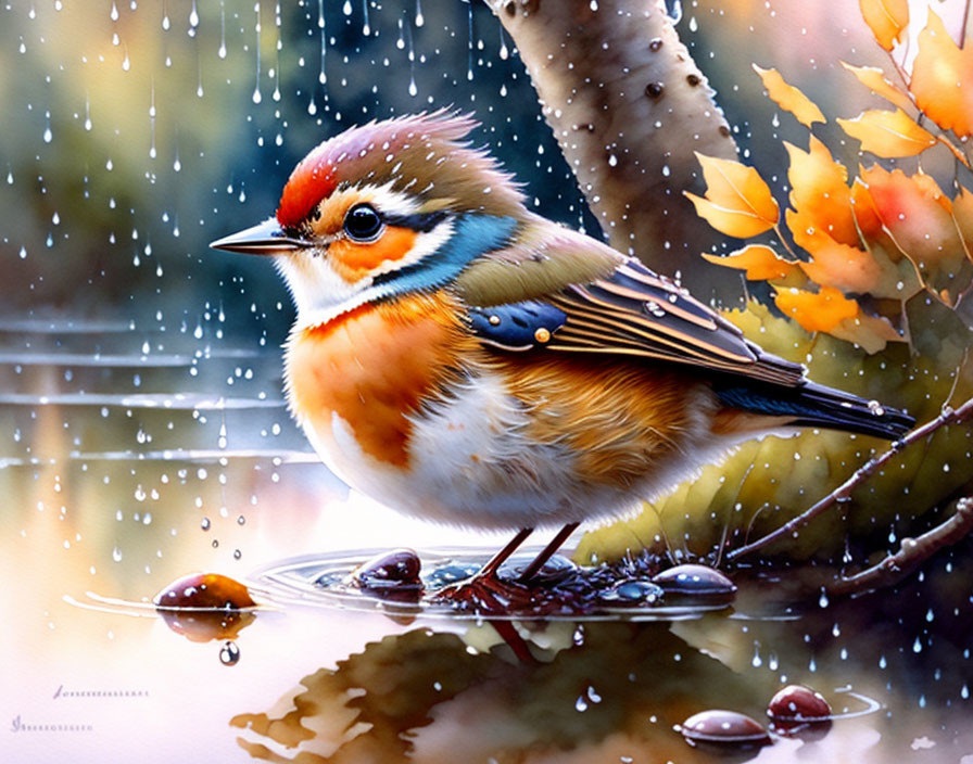 Colorful Bird on Branch in Rain with Autumn Leaves