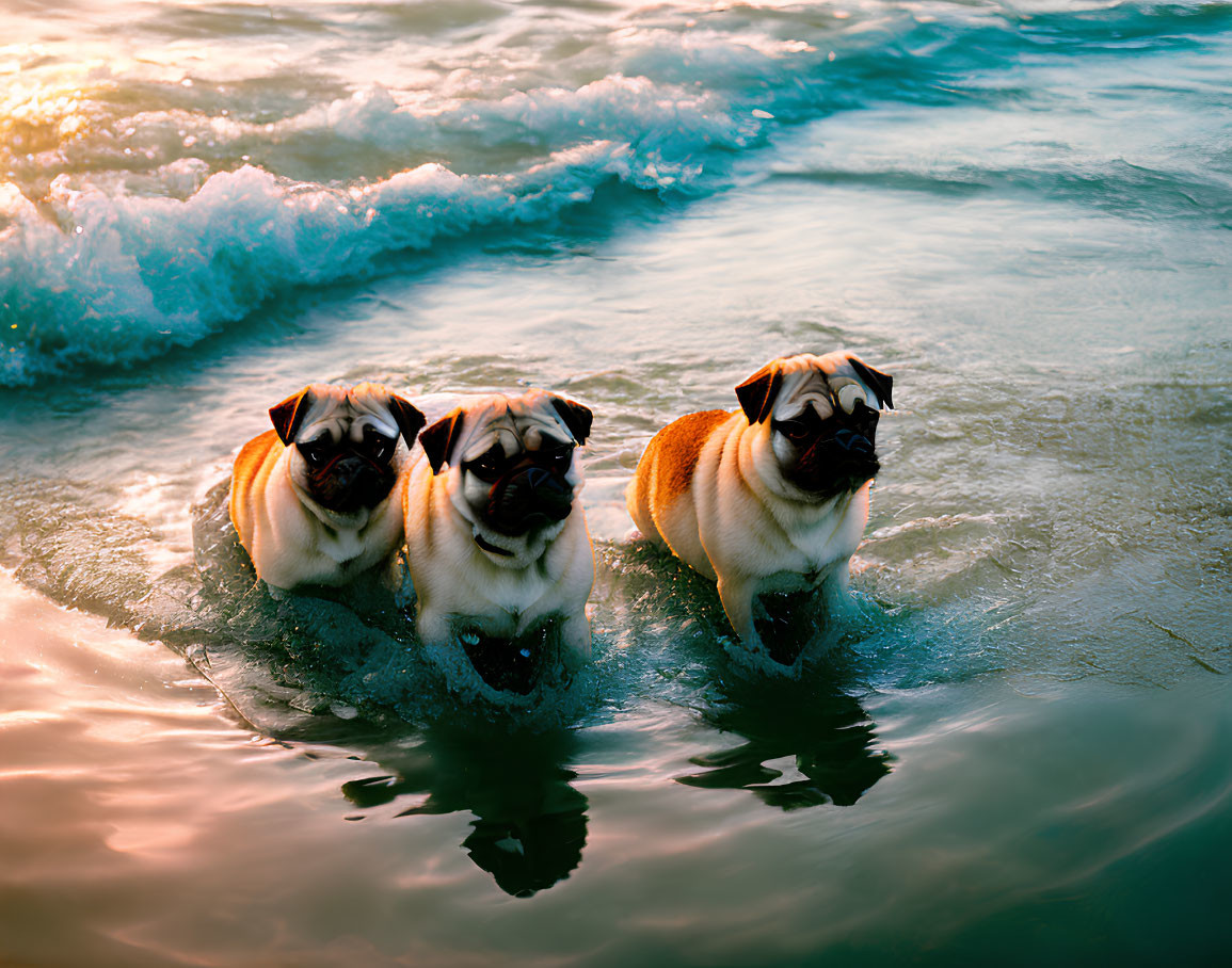 Three pugs in sea water at sunset with warm glow.