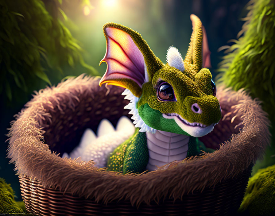 Green Baby Dragon in Nest Surrounded by Mystical Forest