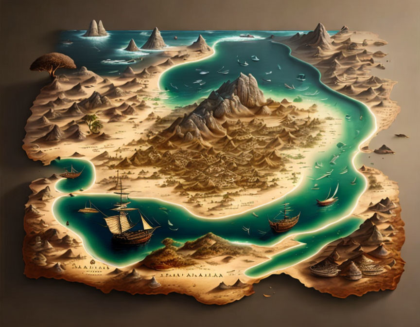 Fantasy landscape illustration with dragon-like river, sailing ships, mountains, and exotic names.