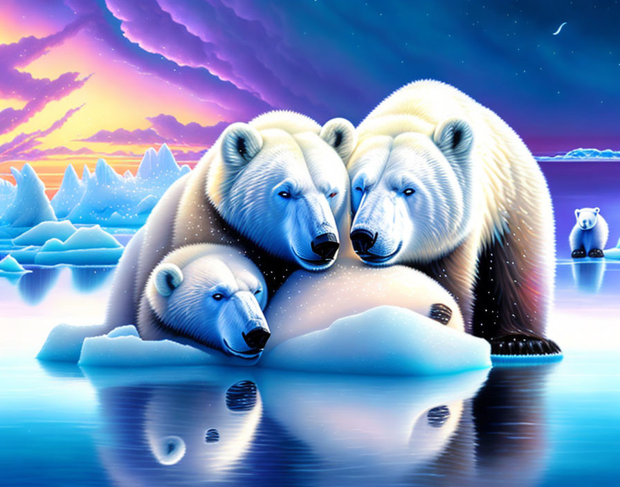 Fluffy polar bears cuddling on the ice floe