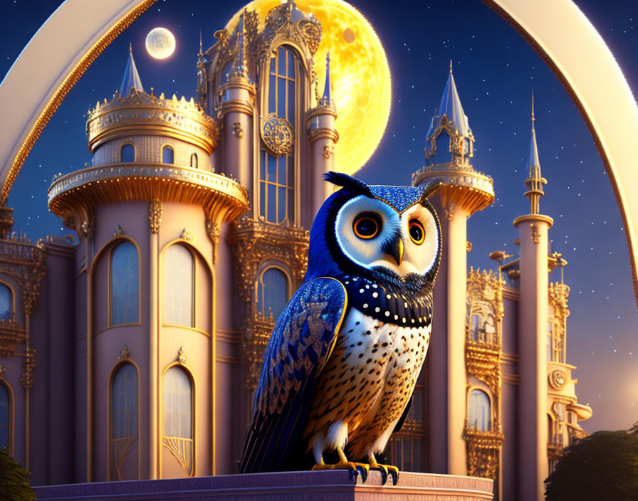 Illustrated owl in front of fantastical castle under crescent moon