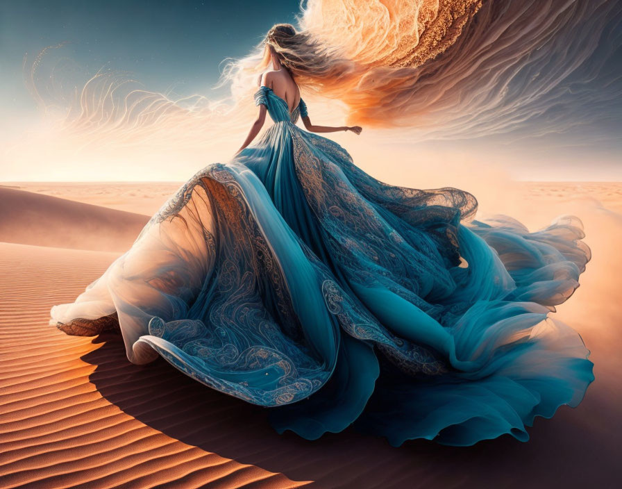 Woman in Blue Gown Desert Scene with Large Moon