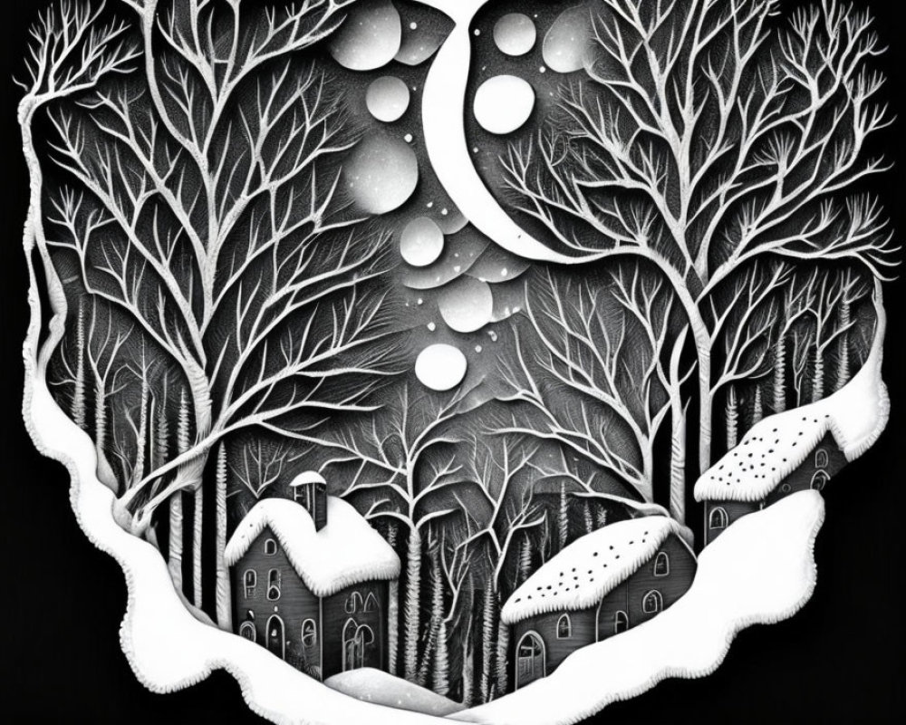 Monochrome snowy nighttime illustration with wolf silhouette