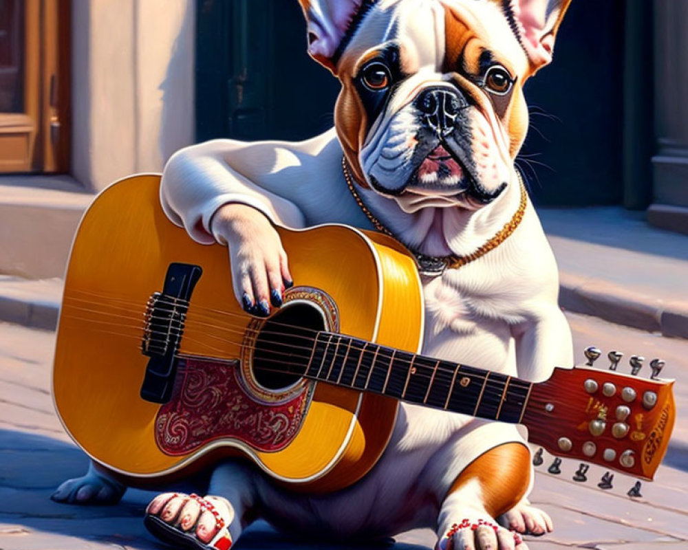 French Bulldog with red bandana beside guitar on sunny street