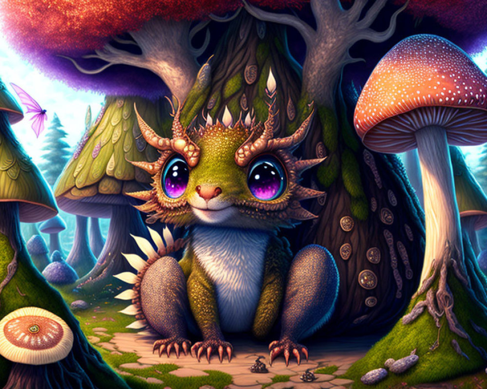 Illustration of cute creature with horns in enchanted forest.