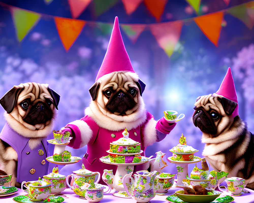 Three pugs in party hats at colorful tea party table
