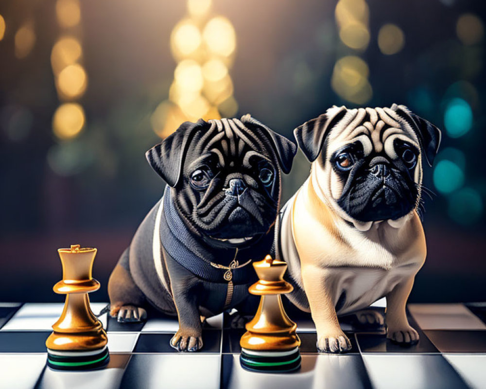 Two pugs in sweaters with chessboard and pieces on bokeh background
