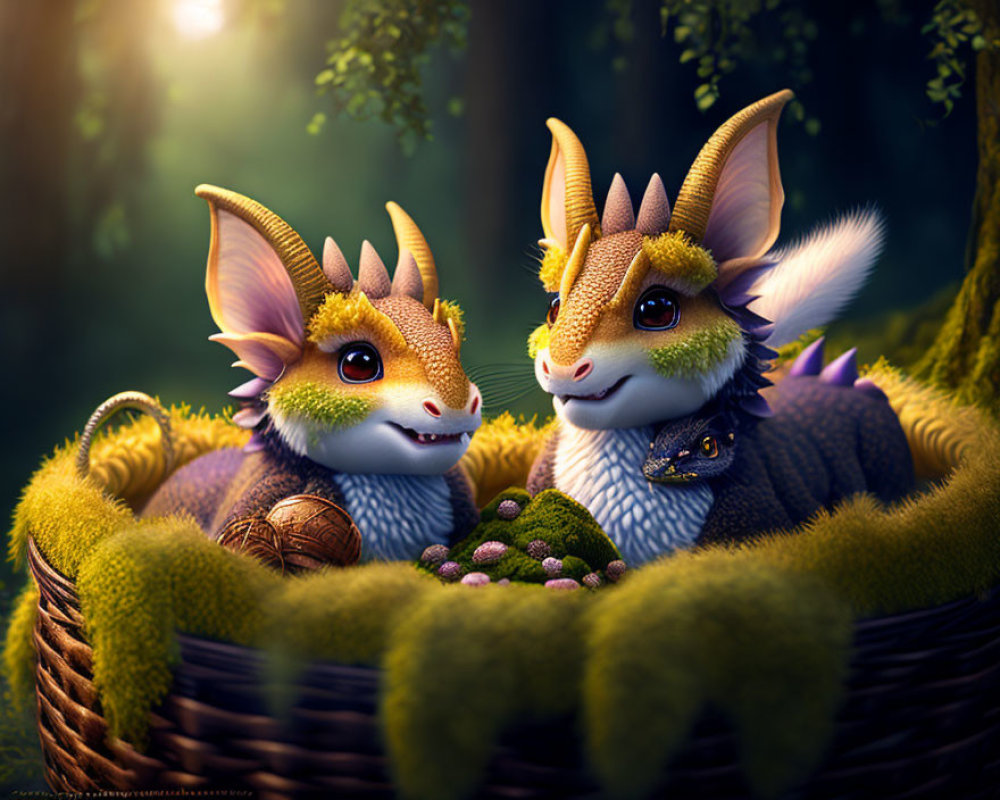 Whimsical dragon-like creatures in a magical forest basket