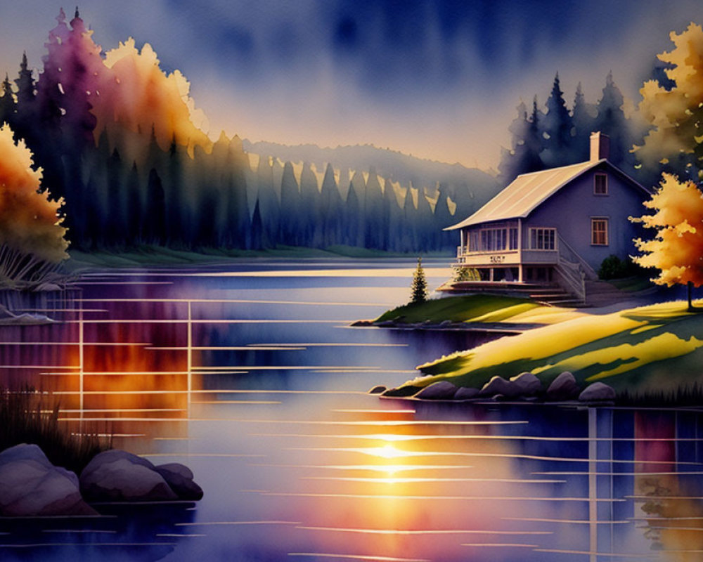 Twilight lakeside cabin illustration with forest and gradient sky