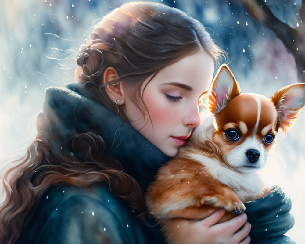 Woman in Blue Cloak Holding Small Dog in Snowfall