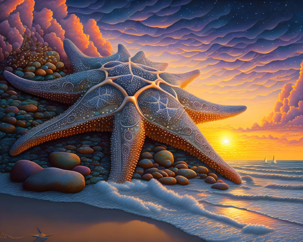 Colorful Starfish Painting on Pebbled Beach at Sunset
