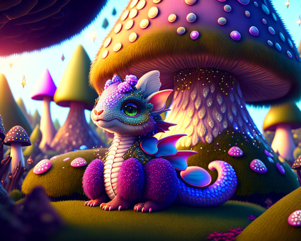 Colorful illustration of whimsical dragon creature with butterfly wings in mushroom forest