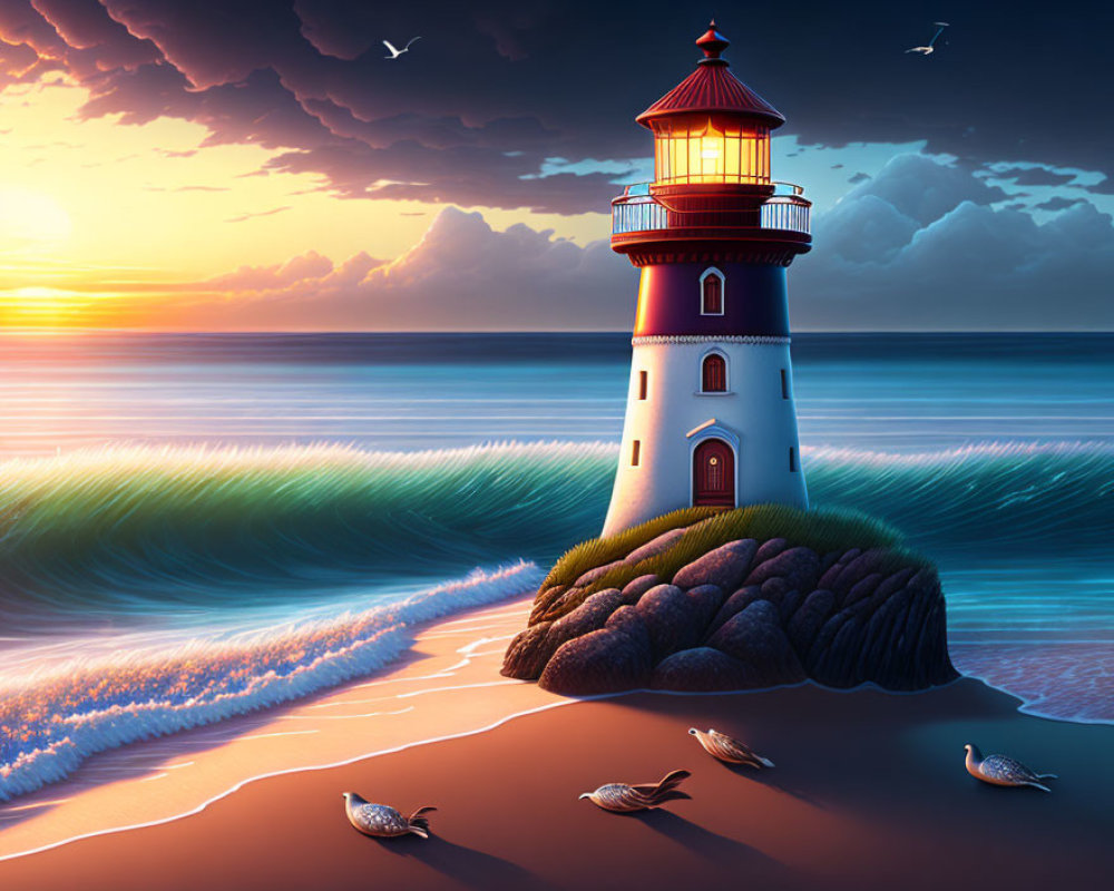 Seaside sunset scene with lighthouse, waves, seagulls, fish, and vibrant sky