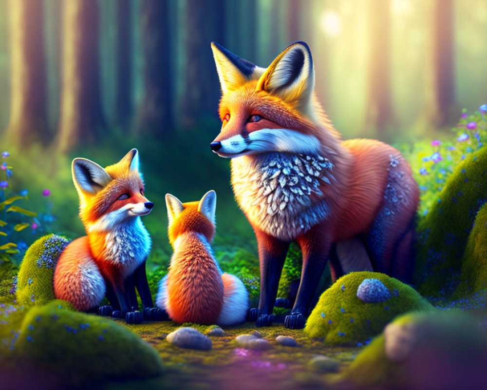 Foxes in vibrant magical forest with sun filtering through trees