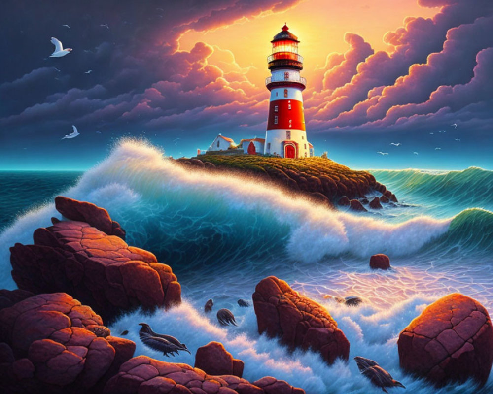 Dramatic seascape with lighthouse, birds, and crashing waves