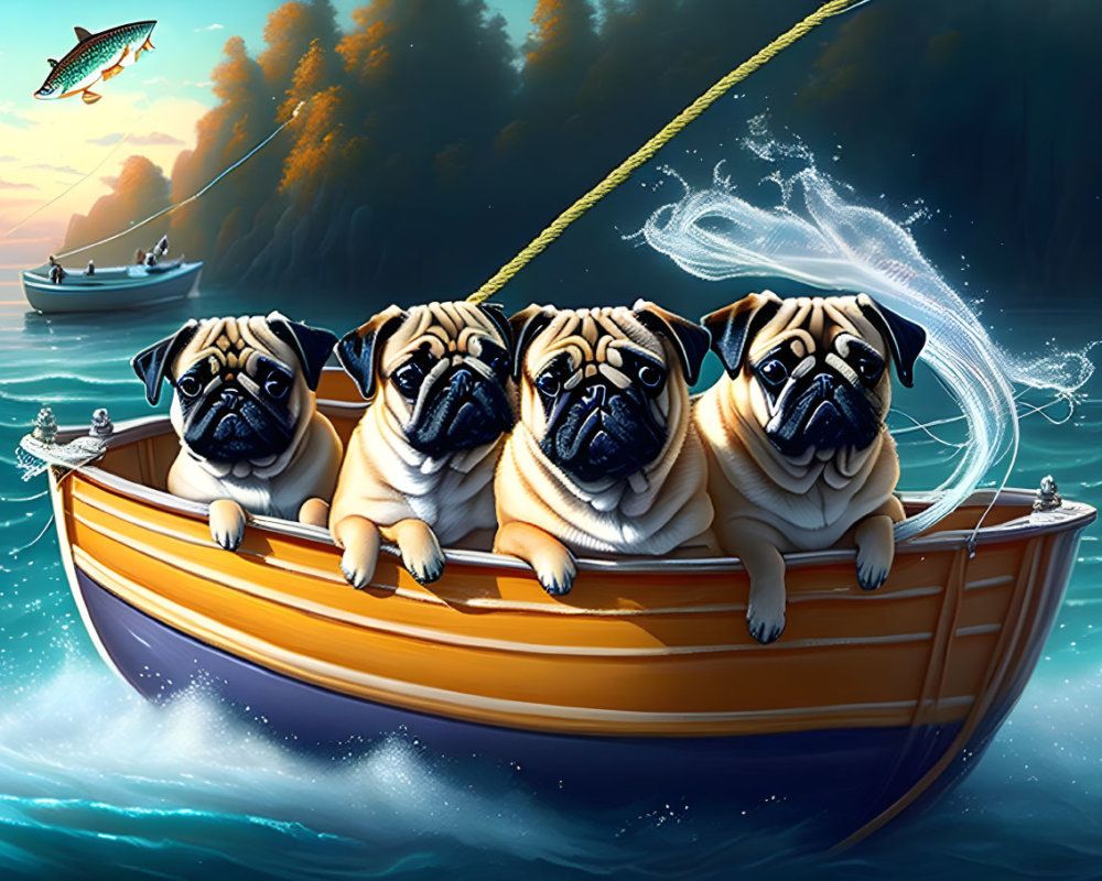 Four pugs fishing in a boat on serene river at dusk