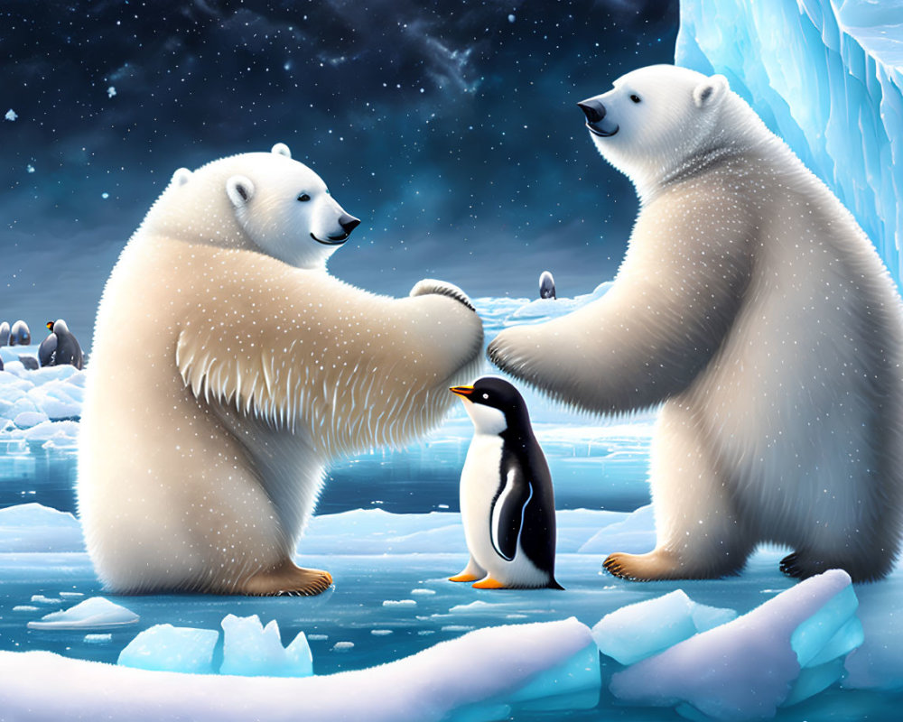 Polar bears handshake in snowy landscape with penguin