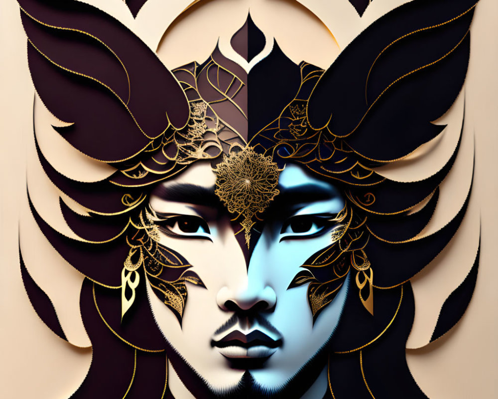 Face with ornate golden mask-like embellishments and feathers on cream background