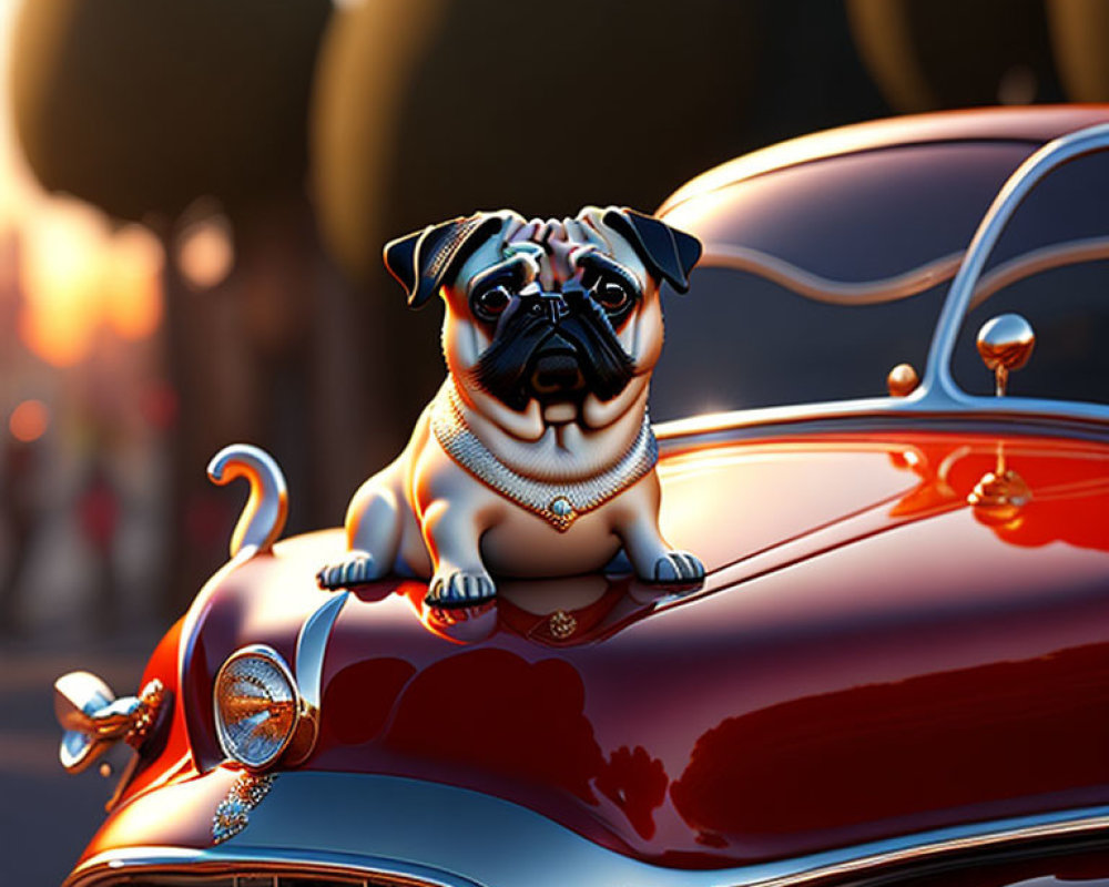 Digital Cartoon Pug Dog Artwork on Vintage Car Hood at Sunset