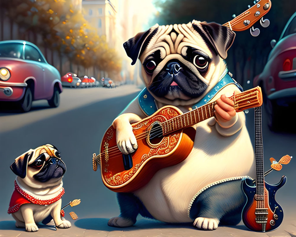 Two animated pugs playing guitar in cityscape with music notes and vintage cars.