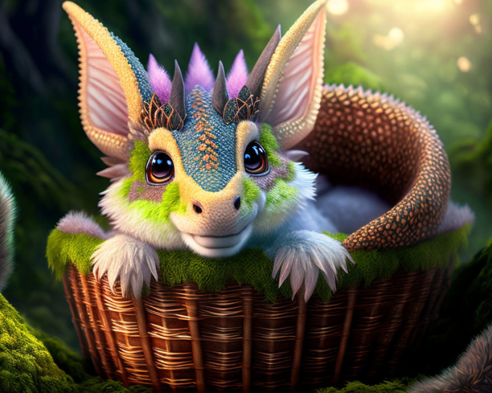 Colorful dragon-like creature in wicker basket surrounded by greenery