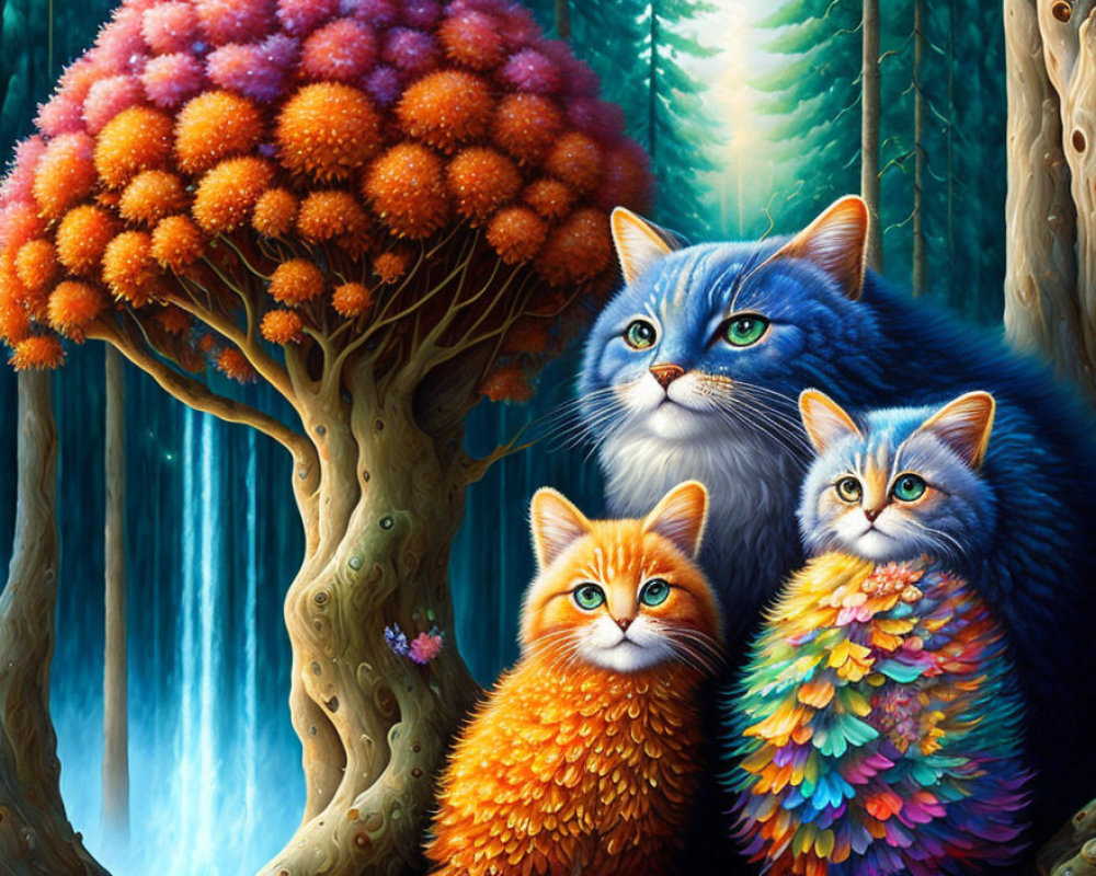 Colorful painting featuring three whimsical cats, magical orange tree, and waterfall