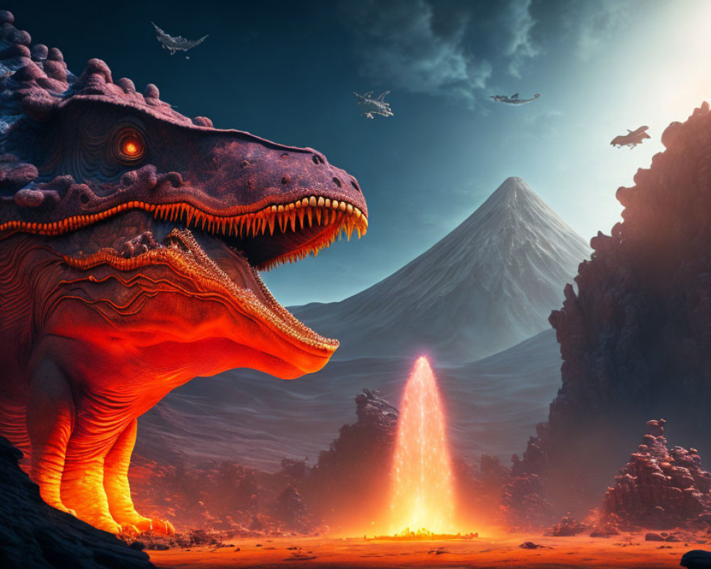 Detailed digital artwork: towering dinosaur roaring with volcanic eruption, flying reptiles, dramatic sky, and mountain