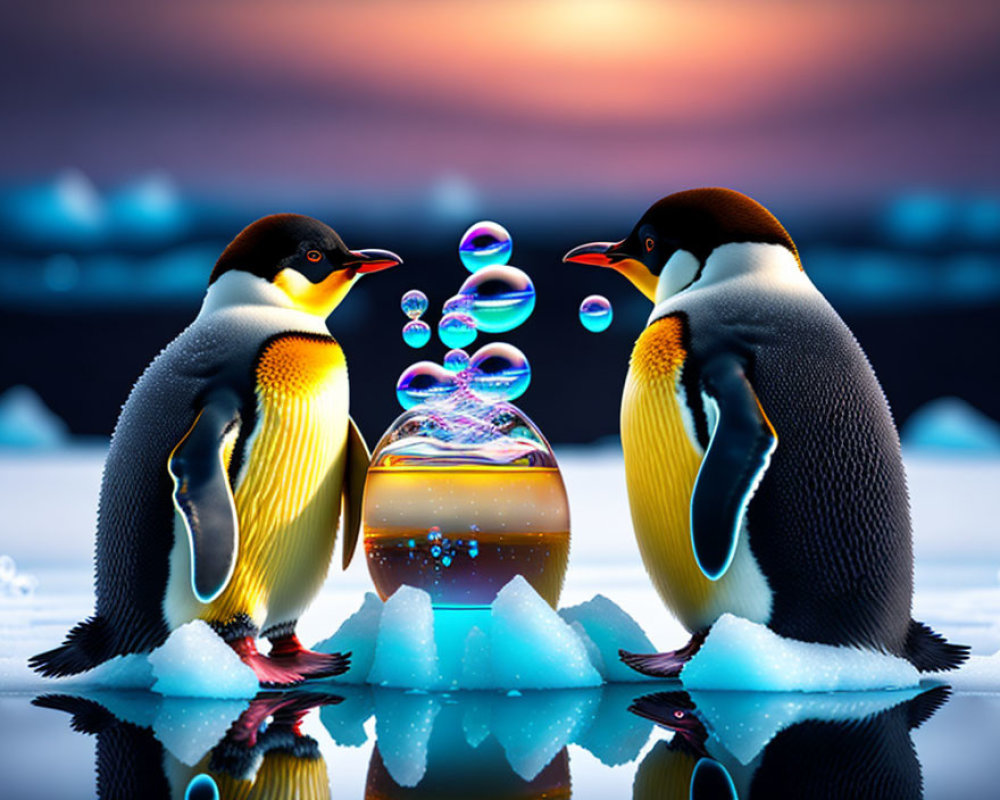 Penguins watching bubbles on icy surface at sunset