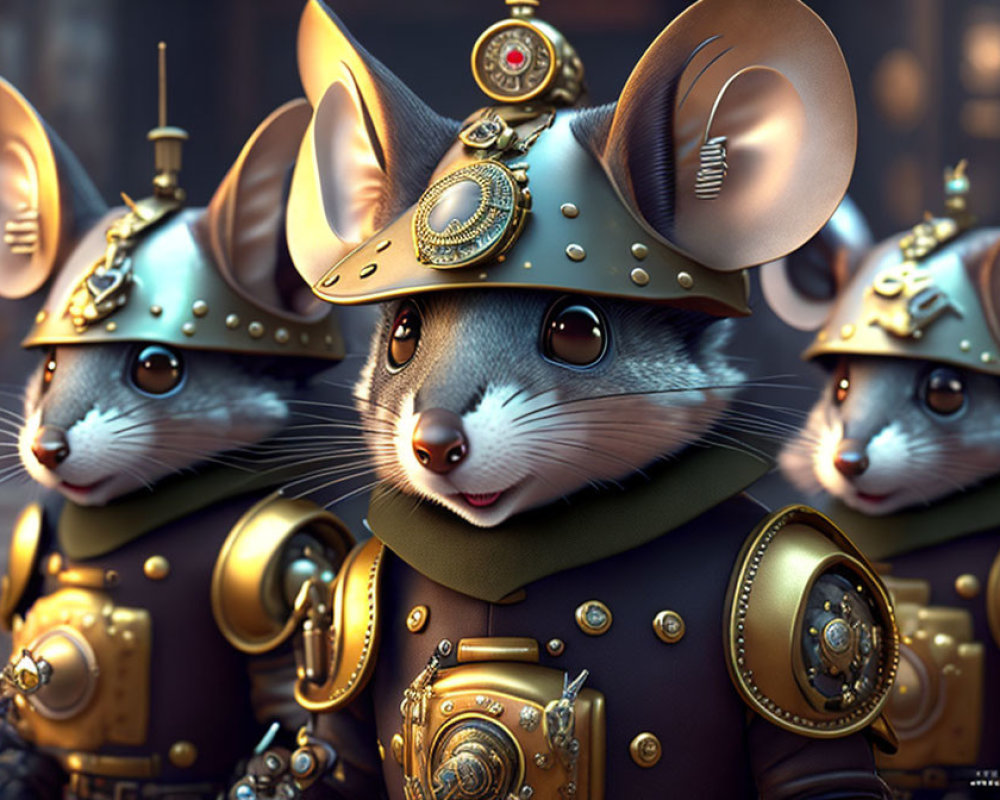Three anthropomorphic mice in steampunk armor with intricate metallic details and helmets against a blurred background