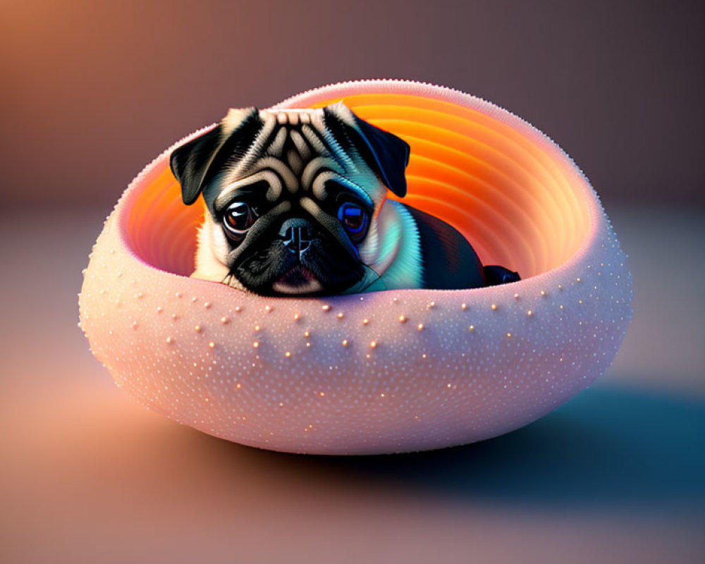Pug sitting in colorful spherical cushion on gradient background