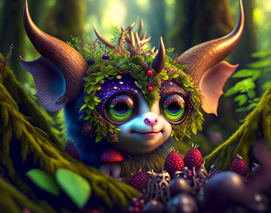 Colorful Fantastical Creature with Green Eyes in Vibrant Forest Setting