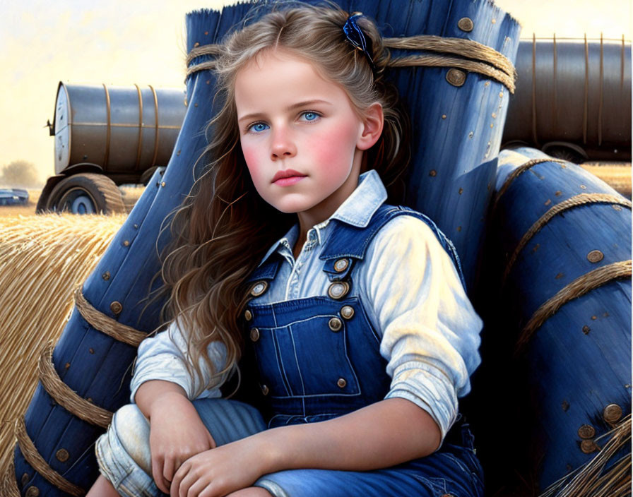 Young Girl with Long Wavy Hair in Denim Dungaree Outfit Sitting by Straw Bale
