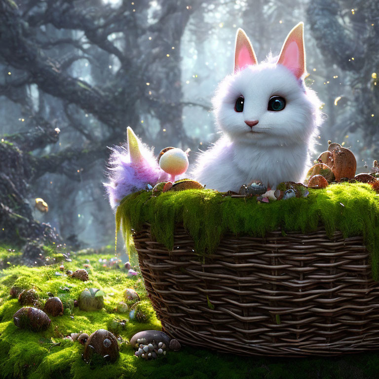 White fluffy cat in wicker basket surrounded by fantasy forest with mushrooms and snails