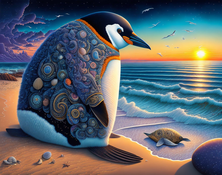 Colorful Penguin Illustration on Beach at Sunset with Turtle and Birds