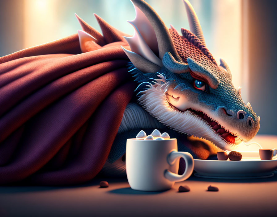 Adorable sick dragon with blanket and hot chocolat